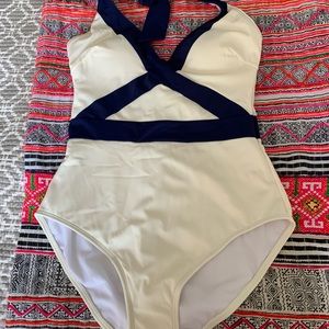 Boden Kefalonia halter neck swimsuit, size 8, BNWT, cream/navy blue